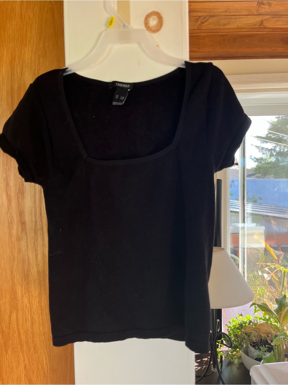 Forever 21 Black Short-Sleeve Square Neck Ribbed Top
